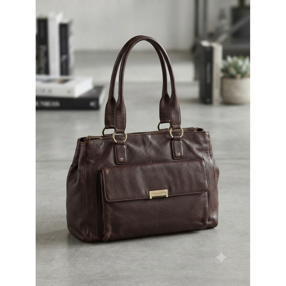 Piquadro Brown Pebbled Leather Shoulder Bag Gold Hardware Italian Handbag